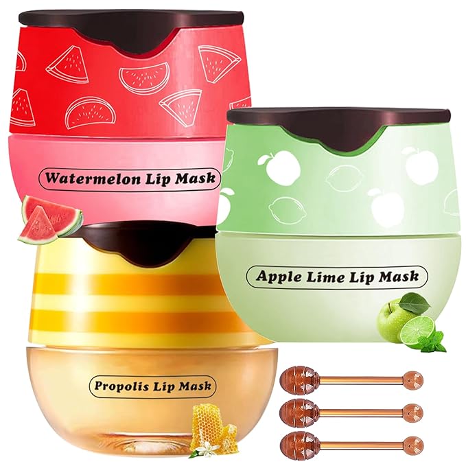 3 PCS Lip Balm Honey Pot, Honey & Apple Lime & Watermelem Lip Mask Vitamin E & Moisturizing Propolis Sleeping Lip Mask Prevention Dry and Cracked Lip Scrubs Exfoliator, Christmas Gifts-Velvo Beauty