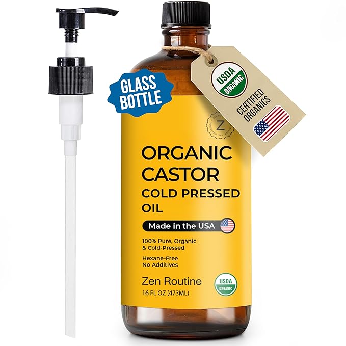 Zen Routine New (Glass Bottle) Organic Castor Oil 16oz – Hexane Free – Hair Growth Oil, Eye Lashes & Stomach, 100% Cold Pressed Unrefined Pure for Castor Pack Wrap – USDA Certified, Made in the USA-Velvo Beauty
