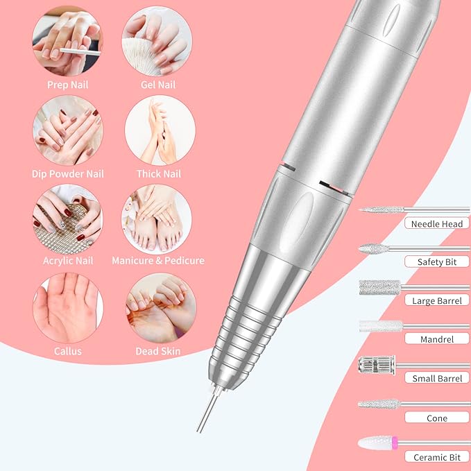 Portable Nail Drill Professional 35000 RPM, MOCOWIND Rechargeable Electric Nail File Machine for Acrylic Nails Gel Polishing Removing, Cordless E-File with Bits Kit for Manicure Salon Home, White-Velvo Beauty