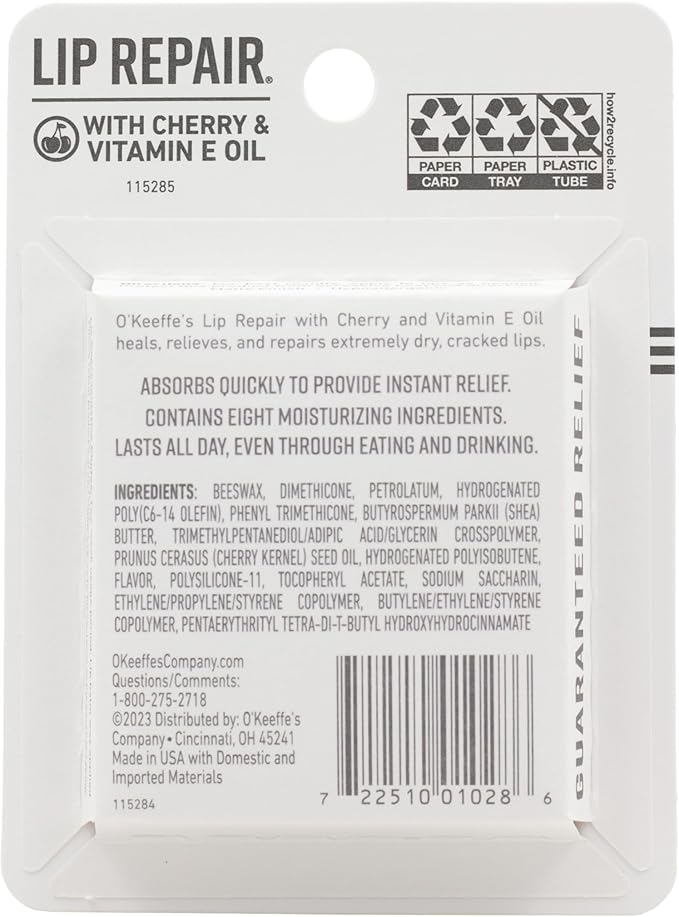 O'Keeffe's Lip Repair Lip Balm with Cherry & Vitamin E Oil, Stick (Pack of 3)-Velvo Beauty
