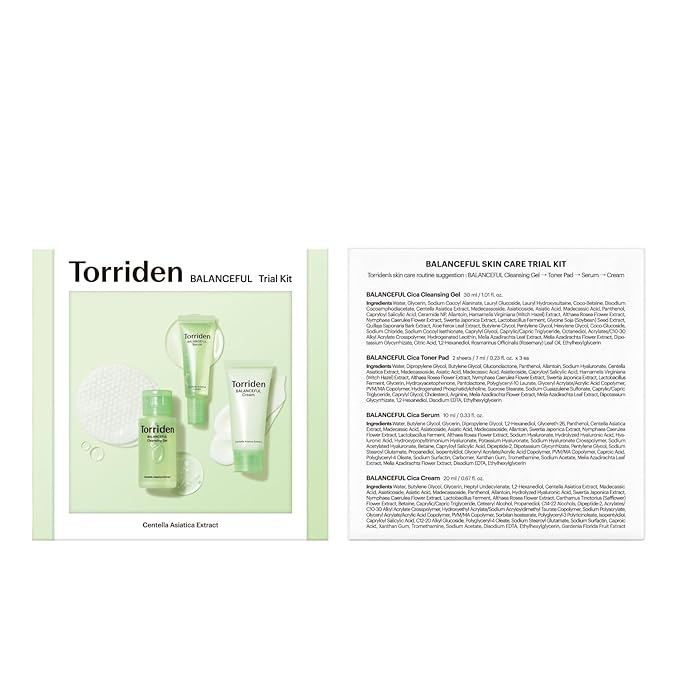 Torriden BALANCEFUL Cica Trial Kit, Gotu Kola Infused Daily Skincare Kit - 4 Step Regimen with Cleansing Gel, Toner Pad, Serum, and Cream | Vegan, Hypoallergenic Korean Skin Care-Velvo Beauty
