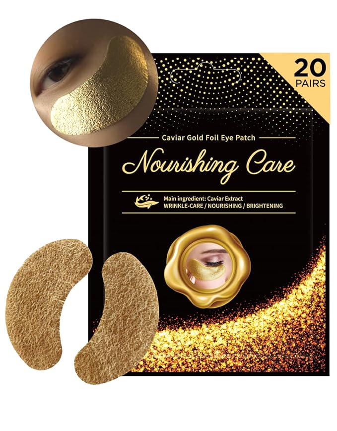 YURICOS Caviar Gold Foil Under Eye Mask Patch for Dark Circles and Puffiness 20 Pairs - Premium Anti-Aging 24k Gold Eye Mask to Diminish Under Eye Wrinkles, Lines-Velvo Beauty