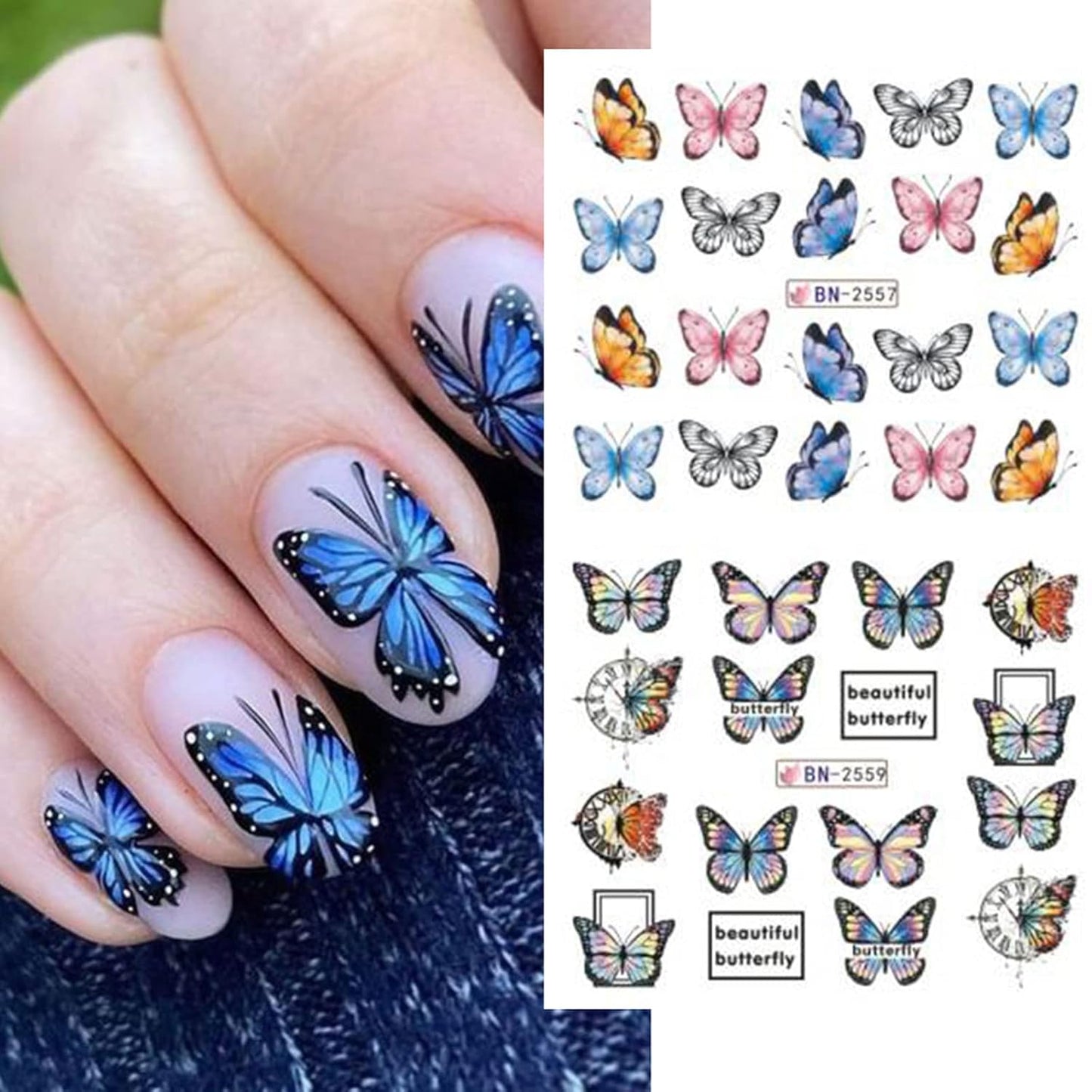 Butterfly Nail Art Sticker Colorful Butterfly Water Transfer Nail Stickers Decal Summer Nail Art Supplies for Acrylic Nail DIY Decoration Manicure Tip 12 Sheets-Velvo Beauty