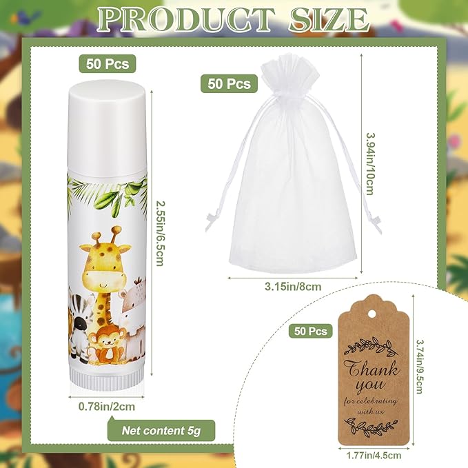 Fumete 50 Pack Jungle Animal Baby Shower Party Gifts Favors Bulk Lip Balms for Guests Boys Girls Neutral Gender Reveal Favors for Baby Shower Prizes Souvenirs Bags Stuffer Classroom Prizes-Velvo Beauty