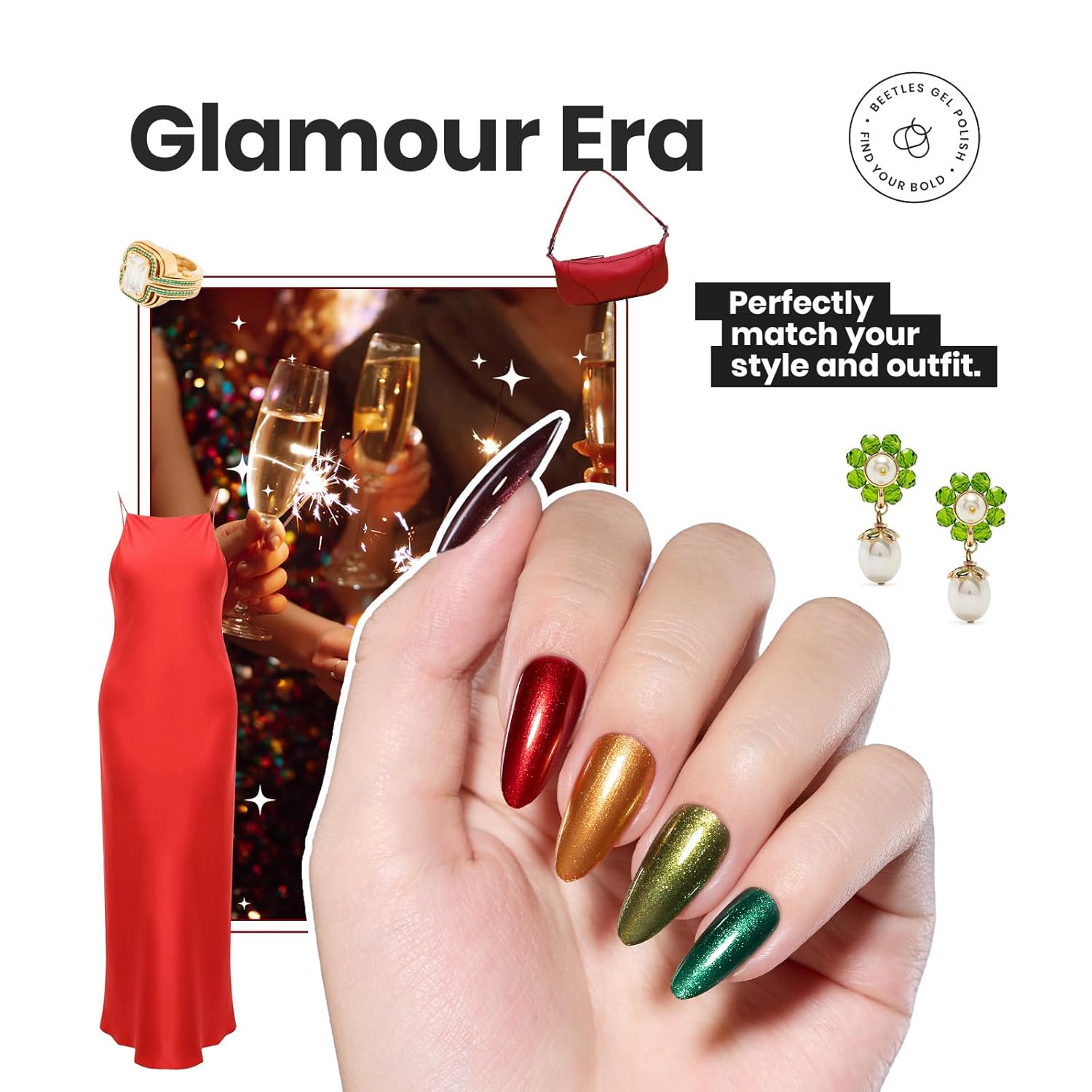 Beetles Fall Nail Polish Set - Glamour Era 6 Colors Quick Dry Glitter Burgundy Red Gold Green Yellow High-Gloss Long-Lasting Nail Polish for DIY At-Home Manicure Gift for Women-Velvo Beauty