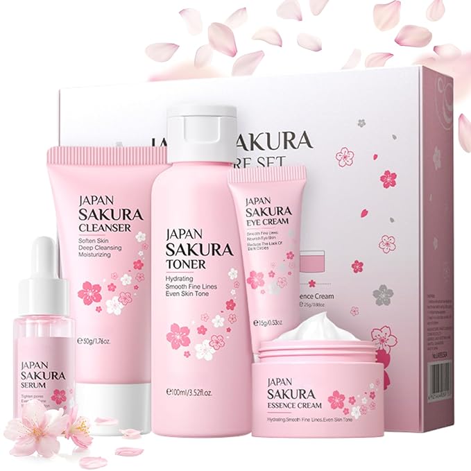 Sakura Skin Care Set, Women Gift Sets, Skin Care Kit with Cleanser, Toner, Serum, Eye Cream, Face Cream, Skin Care Routine Kit for Women, Even Skin Tone, Tighten & Firm Skin-Velvo Beauty
