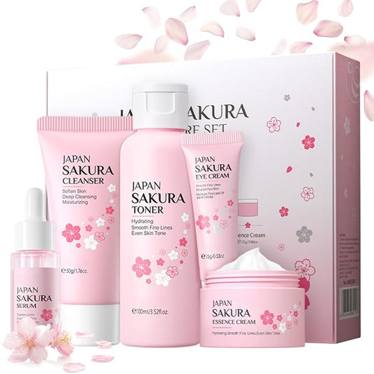 Sakura Skin Care Set, Women Gift Sets, Skin Care Kit with Cleanser, Toner, Serum, Eye Cream, Face Cream, Skin Care Routine Kit for Women, Even Skin Tone, Tighten & Firm Skin-Velvo Beauty