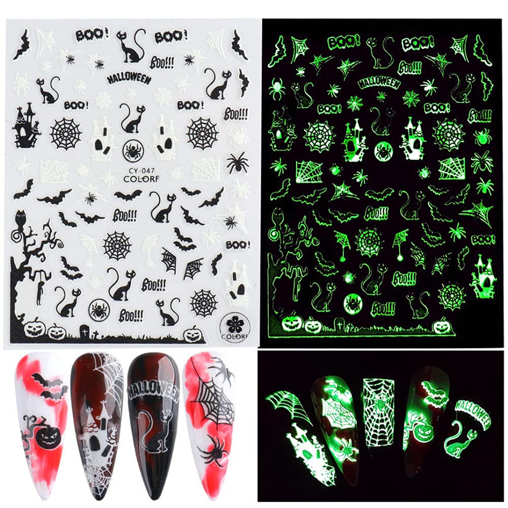 Luminous Nail Stickers - 3D Halloween Nail Art Designs - Skull, Ghost, Pumpkin, Spider, Bat Decals - Self-Adhesive, 6 Sheets-Velvo Beauty