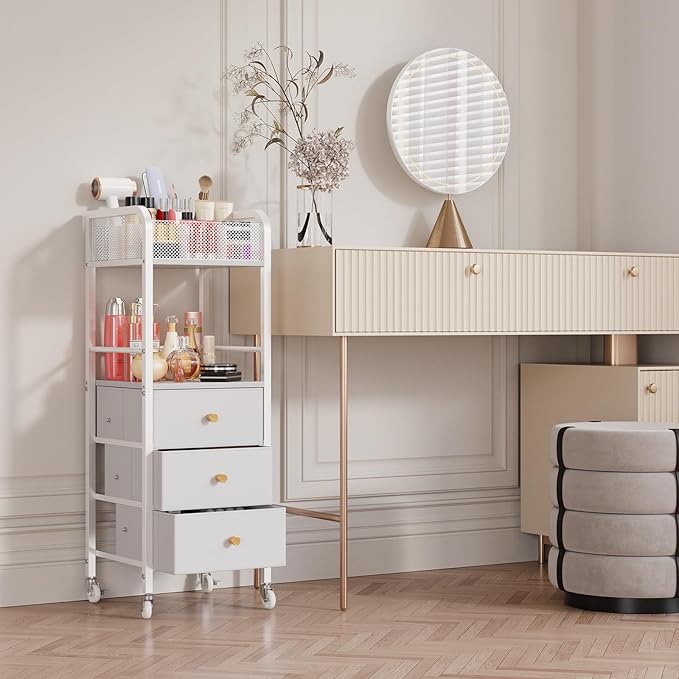 HapiRm Rolling Makeup Cart Organizer - Floor Skincare Make Up Storage with 3 Drawers, Vanity Organizer Cosmetic Display Cases Holder for Skin Care Perfume Nail Polish Brush Hair Tool, White-Velvo Beauty
