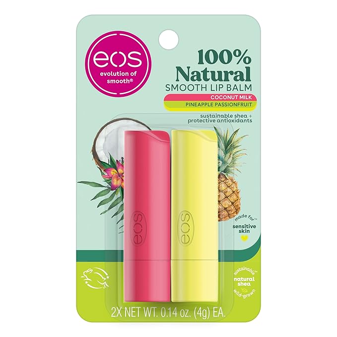 eos 100% Natural Lip Balm- Coconut Milk and Pineapple Passionfruit, All-Day Moisture Lip Care, 0.14 oz, 2 Pack-Velvo Beauty