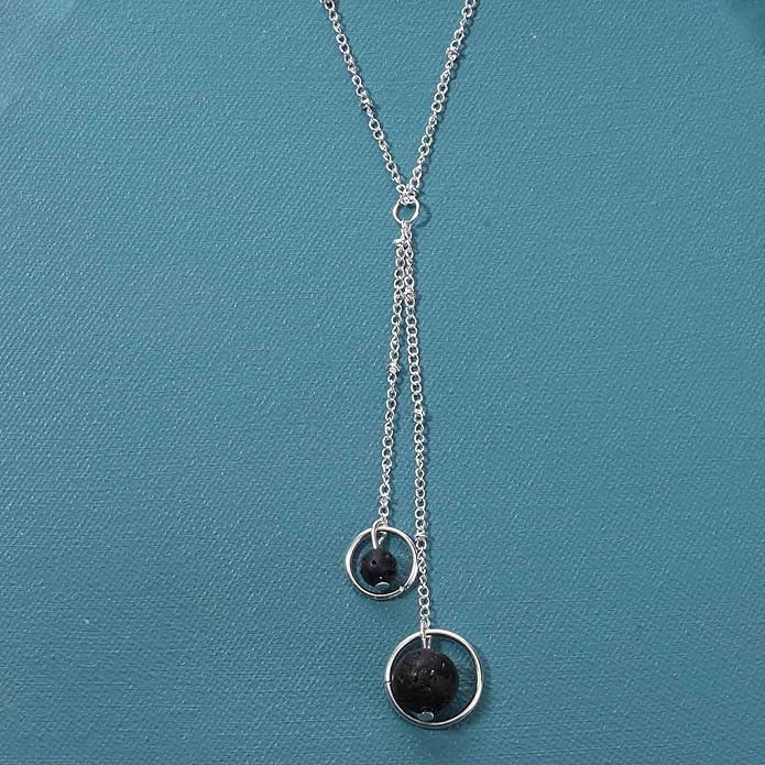 Boho Lava Stone Necklace Chain Silver Layered Chain Y Necklace Lava Bead Lariat Necklace Anxiety Essential Oil Diffuser Necklace Jewelry for Women-Velvo Beauty