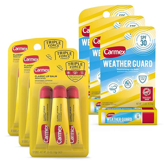 Carmex Lip Balm Bundle, 12 Count (9 Classic Lip Balm Tubes, 3 Weather Guard Lip Balm with SPF 30 Sticks)-Velvo Beauty