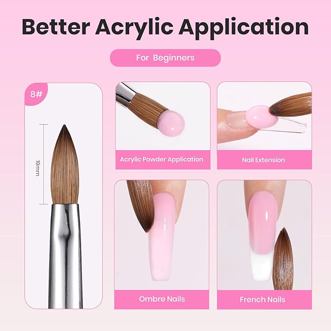Beetles Acrylic Nail Brush Kolinsky Hair Bristles Round Shaped Metal Handle Nail Art Brushes for Acrylic Powder Manicure Extension DIY at Home Manicure Tool - Size 8-Velvo Beauty