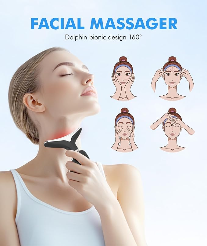 Red-Light-Therapy-for-Face-and-Neck, 7 Color Face Massager Tool for Wrinkles, Double Chin, Vibrating Facial Massager with Thermals for Skin Care, Glossy Black-Velvo Beauty