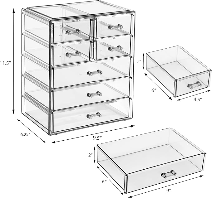 Sorbus Acrylic Makeup Organizer - Organization and Storage Case for Cosmetics Make Up & Jewelry - Big Clear Makeup Organizer for Vanity, Bathroom, College Dorm, Closet, Desk (3 Large, 4 Small Drawers)-Velvo Beauty