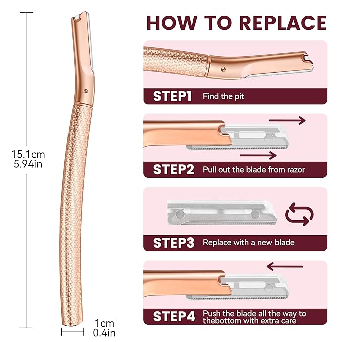 Eyebrow Razor-Face Razors for Women-Dermaplaning Tool for Face Exfoliation & Peach Fuzz with 12 Refill Blades-Facial Dermaplane Razors Shaver-Rose Gold-Velvo Beauty