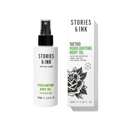 Stories & Ink Tattoo Care | HIGHLIGHTING BODY OIL for healed skin - Refreshes Faded Tattoos for Instant Tattoo Glow, 100 mL / 3.4 Fl Oz-Velvo Beauty