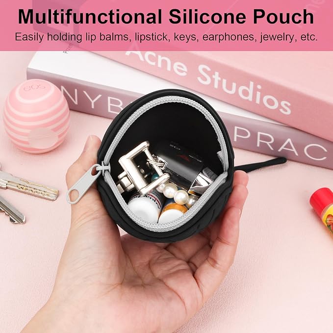 Desing Wish Silicone Lip Balm Holder with Silicone Zipper Pouch, Portable Lip Balm Keychain Sleeve - Silicone Storage Bag for Lip Balms/Small Cosmetics/Earphones/Keys - Black-Velvo Beauty