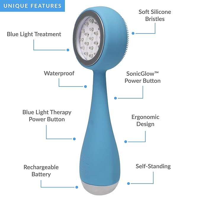 PMD Beauty Facial Cleansing Brush - Smart Silicone Brush with Blue Light Treatment - SonicGlow Vibration - Waterproof Device for Acne-Velvo Beauty