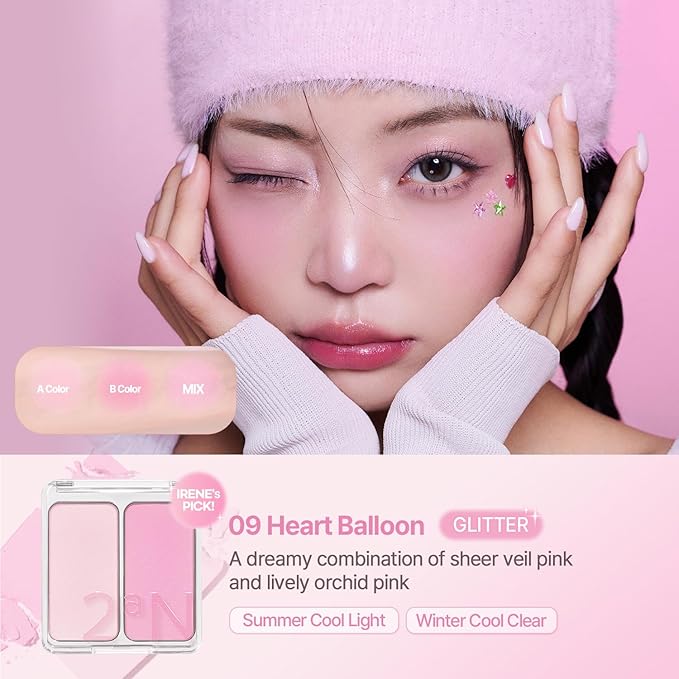 2aN Dual Color Face Blusher, Buildable & Blendable Cheek Color, Natural & Vibrant Finish, Long-Lasting Powder Blush, Blends Easily with Natural Skin Tones, Korean Beauty (09 Heart Balloon)-Velvo Beauty