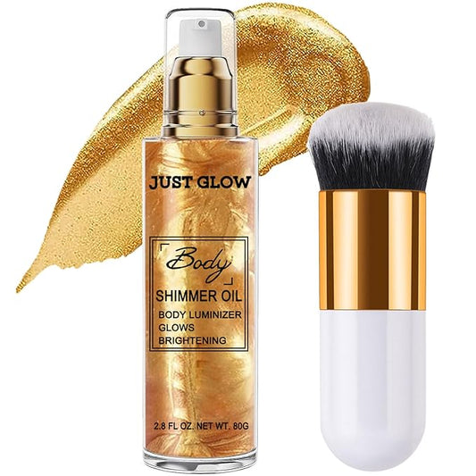 Shimmer Body Oil, Face and Body Liquid Luminizer Waterproof Moisturizing, Light Shimmer Glow Illuminator, Smooth Body Highlighter Makeup Liquid Body Shimmer (2# Gold)-Velvo Beauty