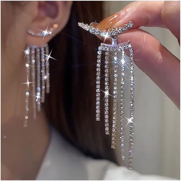Vintage Rhinestone Chandelier Drop Earrings Crystal Ear Climber Earrings Long Tennis Chain Earrings Silver Cz Tennis Chain Tassel Earrings Jewelry for Women-Velvo Beauty