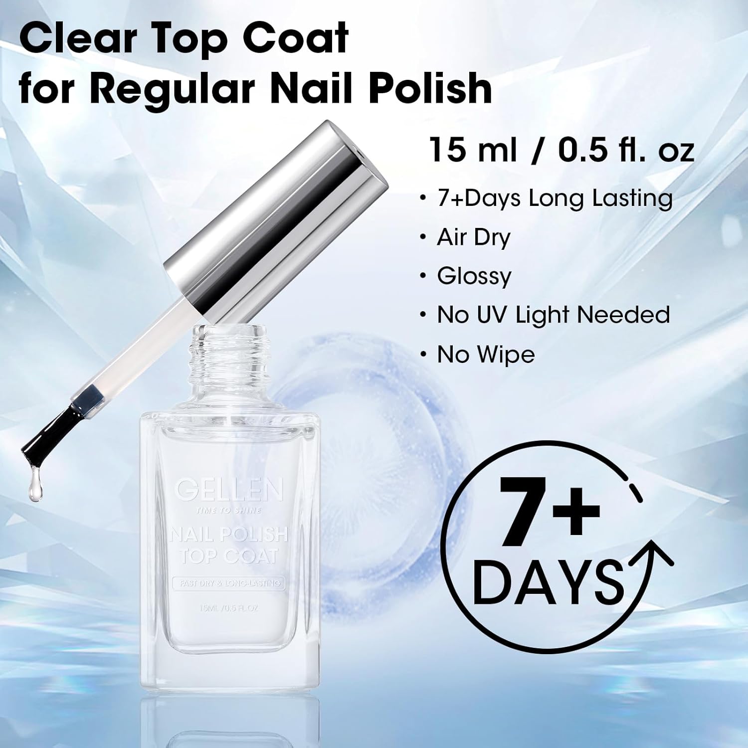 GELLEN Clear Nail Polish Top Coat, Shine Glossy Regular Nail Polish, Calcium Formula Strengthens Nails, Quick Air Dry, No Wipe, Long Lasting, Chip Resistant, Not UV Gel, Hema Free, Non-toxic, 15ml-Velvo Beauty