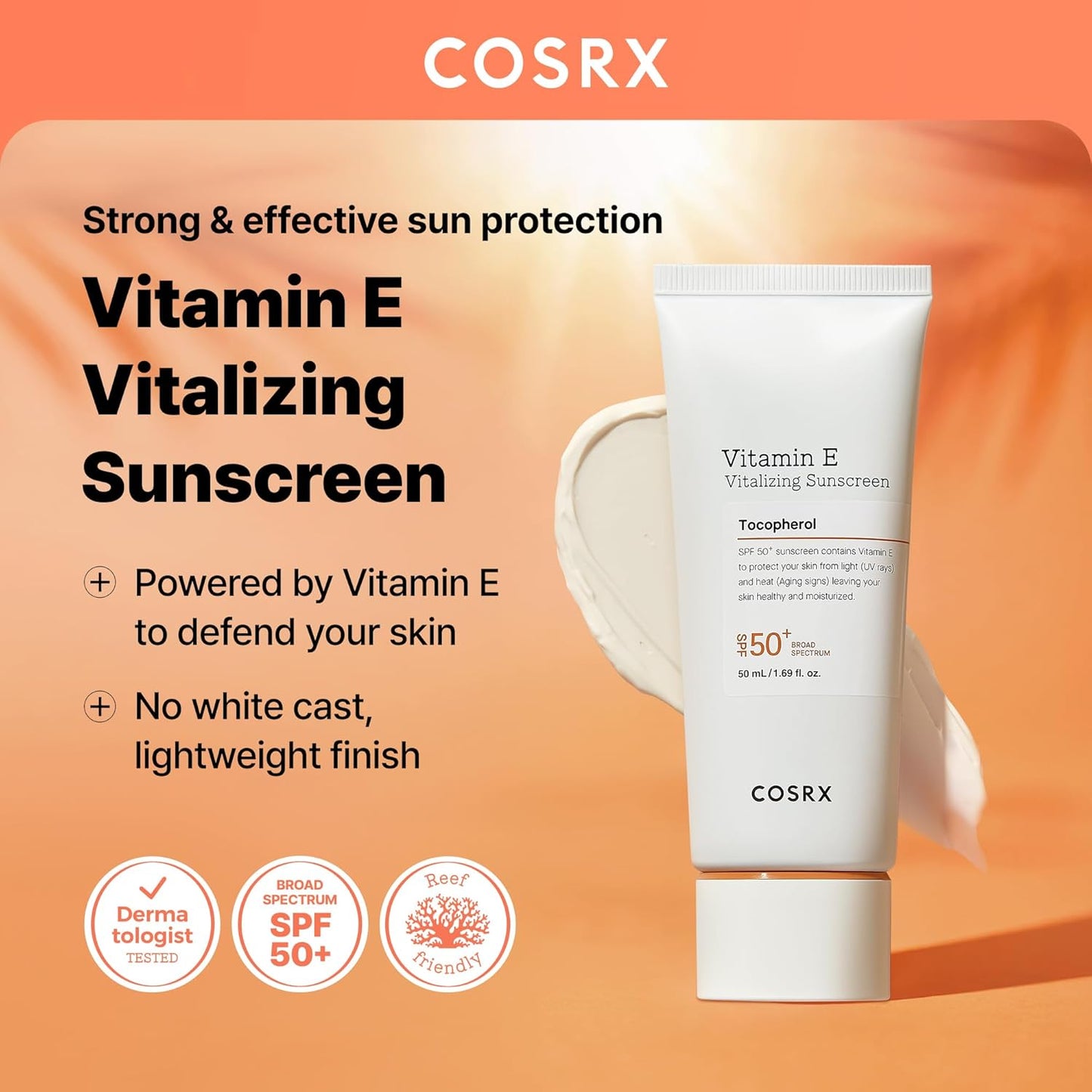 COSRX Vitamin E Vitalizing Face Sunscreen SPF 50, 1.69 fl oz, SPF Moisturizer, Lightweight under Makeup, Travel Essentials, Summer Essentials, Korean Skin Care, Korean Sunscreen for Face-Velvo Beauty