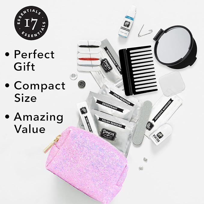 Pinch Provisions Orchid Glitter Minimergency Kit, includes 17 Travel-Sized Cosmetic Essentials, Convenient for Purses, Emergency Beauty Accessories, Gifts for Holiday’s & Birthday’s-Velvo Beauty