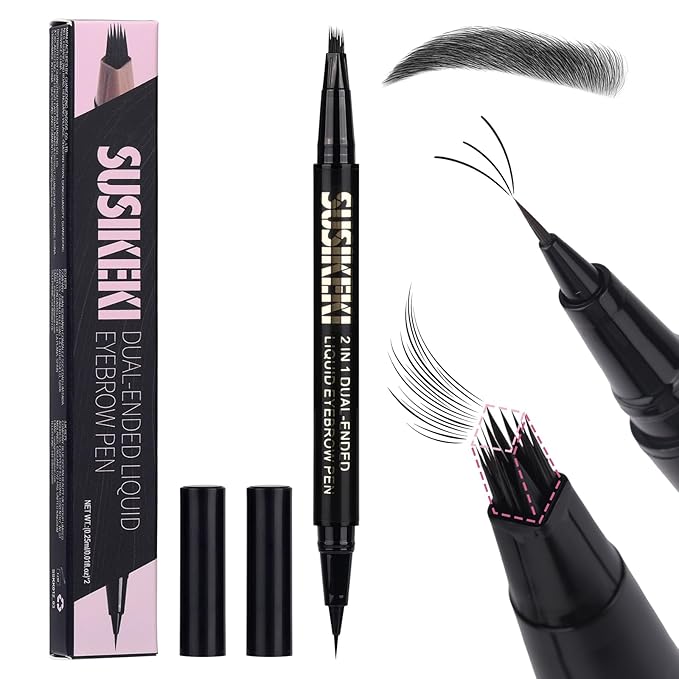 Dual Ended Microblading Eyebrow Pen - 2 in 1 Liquid Eyebrow Pencil with Brow-Fection Angled Brush & Precise Detail Brush-Tip, Shapes & Fills HairLike Looking Brows, Lasts All-Day, Soft Black-Velvo Beauty