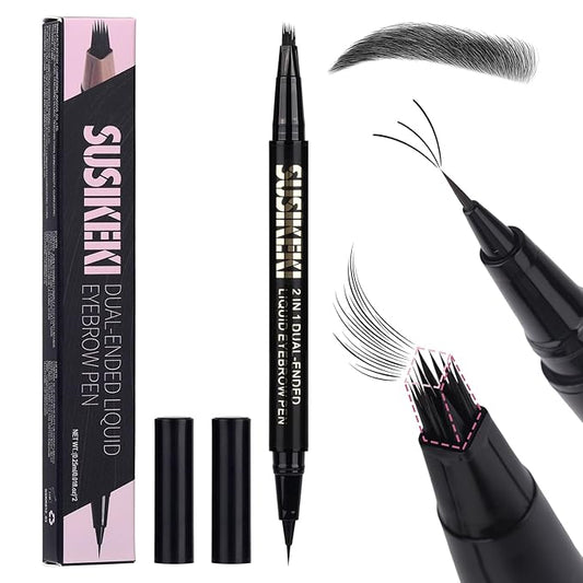 Dual Ended Microblading Eyebrow Pen - 2 in 1 Liquid Eyebrow Pencil with Brow-Fection Angled Brush & Precise Detail Brush-Tip, Shapes & Fills HairLike Looking Brows, Lasts All-Day, Soft Black-Velvo Beauty