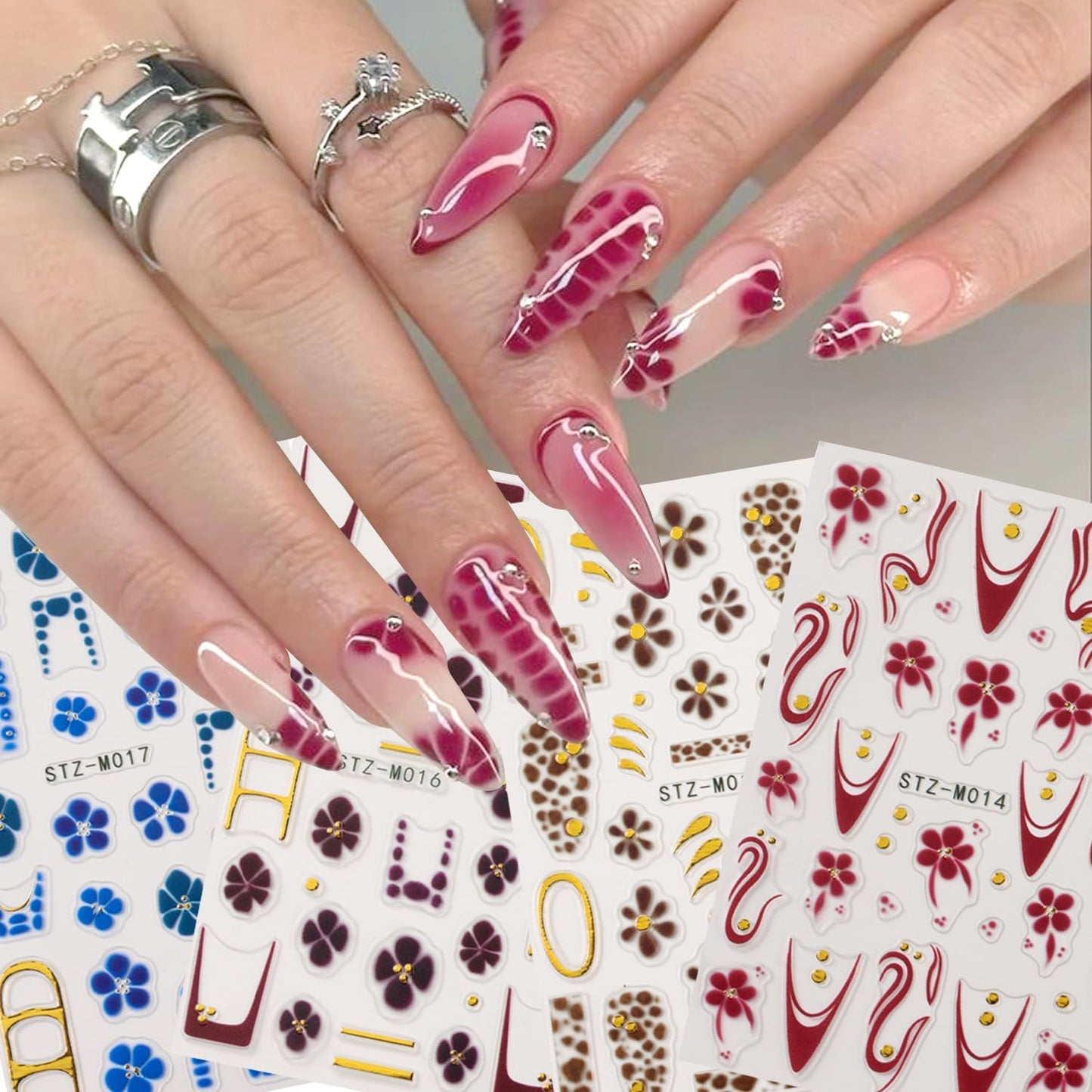 4Pcs Flower Nail Stickers for Nail Art - French Nail Art Stickers Autumn Winter Wine Red Brown Blue Floral Leopard Print Pattern 3D Self-Adhesive Nails Sliders Flowers Sticker for Nails Decoration-Velvo Beauty