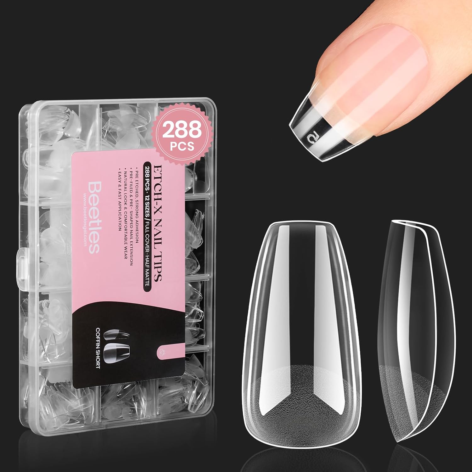 Beetles Gel Nail Tips Short Coffin Pre-Etched Nail Tips, 12 Sizes 288 Pcs Full Cover Soft Tips Half Matte False Nails Clear Acrylic Glue on Nails Extension DIY Manicure Gifts for Women-Velvo Beauty