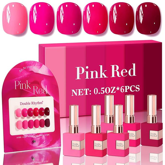 Double Rhythm 6 Pcs 15 ML Gel Polish Set Same Color Same Bottle Soak Off Gel Polish Kit Nail Art Manicure Salon DIY at Home for Women (Neon Light Pink Purple Burgundy Red-T6-8)-Velvo Beauty