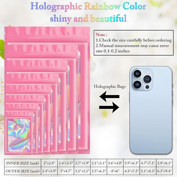 ANZNKU 100 Pack Mylar Bags Reasealable Holographic Bags, Smell Proof Bag Zipper Pouches with Clear Window, Jewelry Candy Sealable Bag for Packaging Sample Party Favor (Pink, 7.1 x 10.2 Inch)-Velvo Beauty