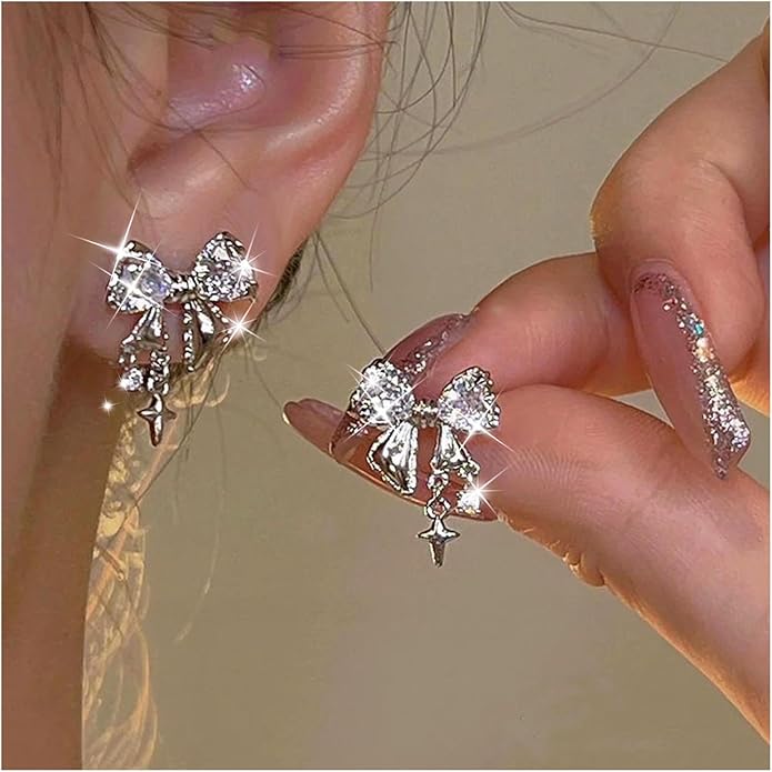 Vintage Crystal Bow Earrings Black Onyx Stud Earrings Silver Tiny Cross Drop Earrings Sparkly Cz Rhinestone Bow Earrings Jewelry for Women-Velvo Beauty