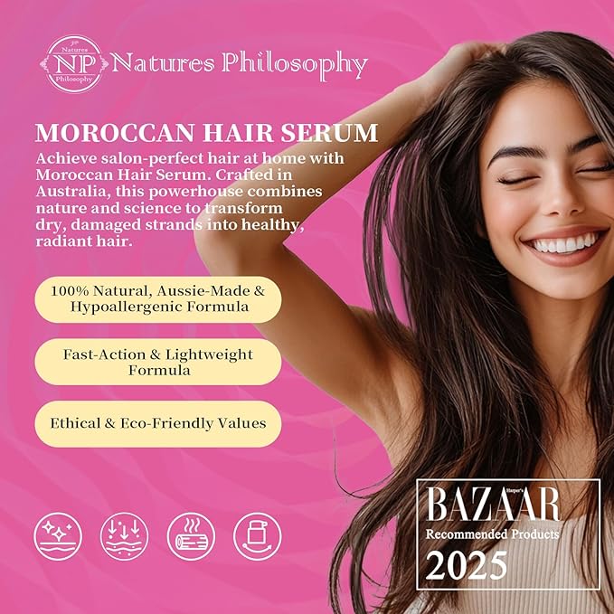 NP NATURES PHILOSOPHY Moroccan Argan Oil - Hair Serum Organic, Anti-Frizz, Repairs Damaged Hair, Adds Shine for All Hair Types Aussie Allergy-Free Moroccan Oil Hair Products 1.69 Fl oz-Velvo Beauty