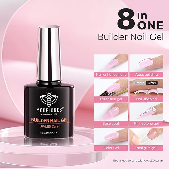 modelones Builder Nail Gel, 8-in-One Baby Pink Builder, Pastel Pink Rubber Base Gel Polish, LED Lamp Cured Color Base Hardener Apex Building Strengthener Extension for DIY Salon Girls Home-Velvo Beauty