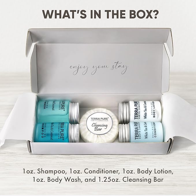 Terra Pure White Tea and Coconut Amenity Kit | Hotel Toiletries | 1oz Travel Size Shampoo, Conditioner, Lotion, Body Wash & Cleansing Bar for Guest Hospitality AirBnB/Vacation Rentals | 1 set/case-Velvo Beauty
