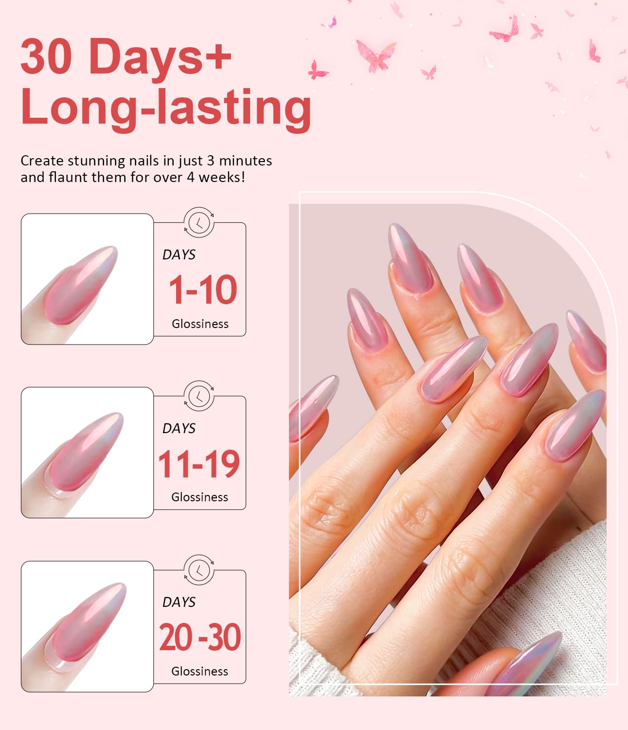 Pearl Chrome Nail Powder BISHENGYF -【Fairy Effect】 Pink Chrome Nail Powder Aurora Mermaid Iridescent White Pearl Clear Nail Chrome Powder, Metallic Mirror Pigment Glitter Dust for Manicure Decoration-Velvo Beauty