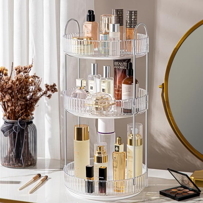 360° Rotating Makeup Organizer for Vanity, Spinning Cosmetics Organizer Holder Rack, Large Capacity Bathroom Organizer Countertop, Fits Perfume, SkinCare, Makeup Brushes 3 Tiers, Transparent-Velvo Beauty