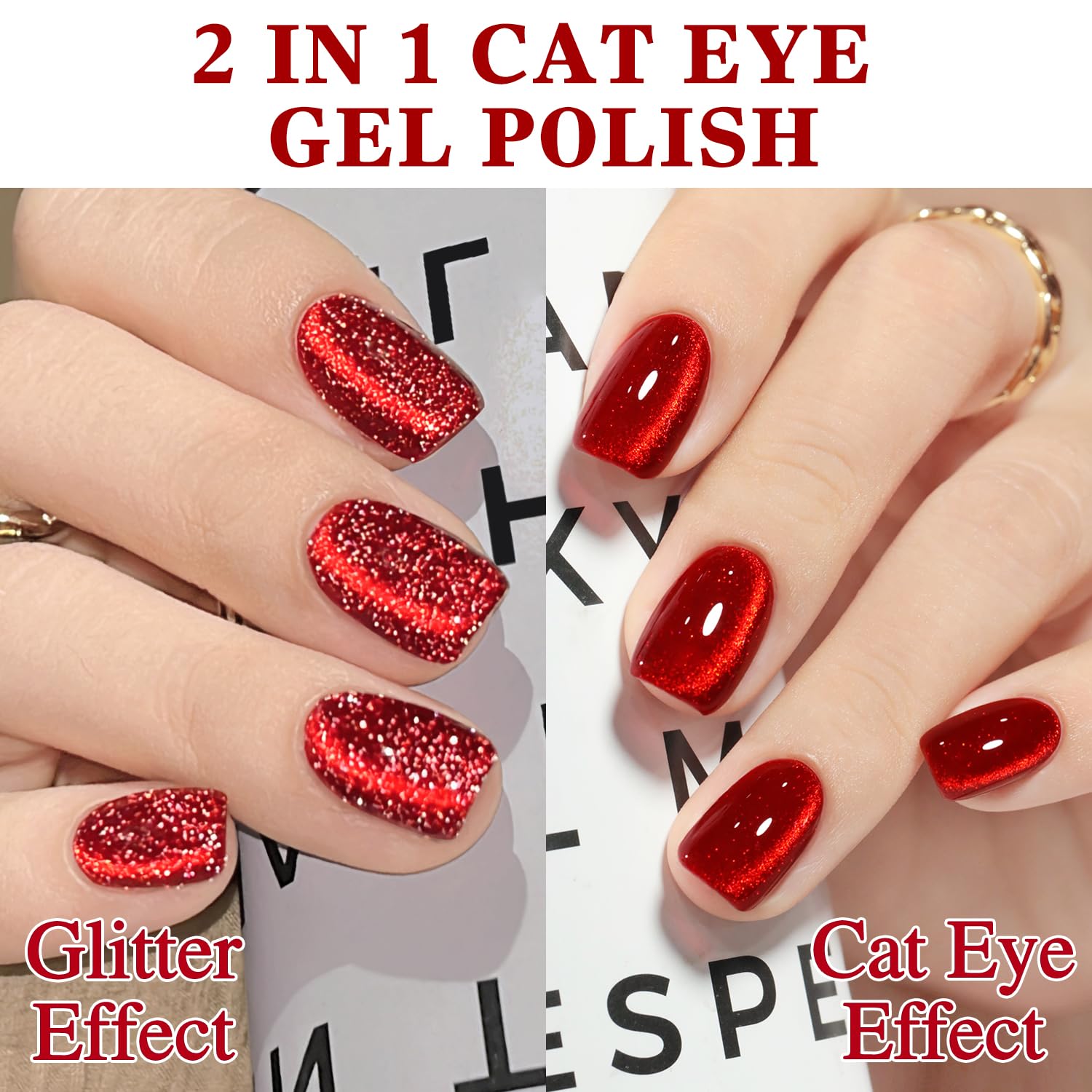 Double Rhythm 15ML Ice Glass Cat Eye Gel Polish with Magnet Holographic Glitter Shimmer Translucent Sheer Color Salon Soak Off Magnetic Nail at Home (Red Glitter-MC1108)-Velvo Beauty