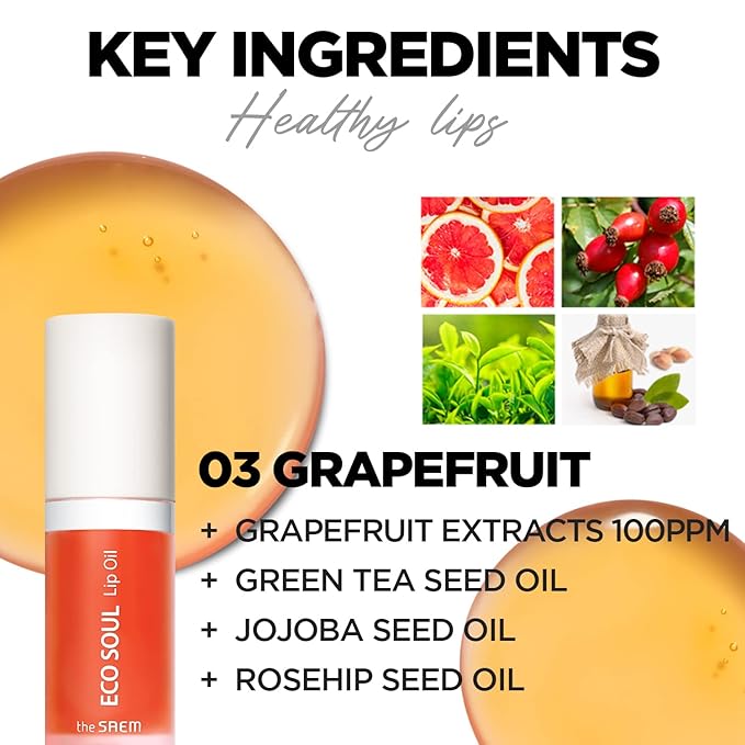 THESAEM Eco Soul Lip Oil 03 Grapefruit - Plumping & Hydrating Lip Oil to Nourish & Moisturize Lips – Grapefruit Extract & Jojoba Oil - Lips Soft & Glossy for Dry Lips, 0.21 fl.oz.-Velvo Beauty
