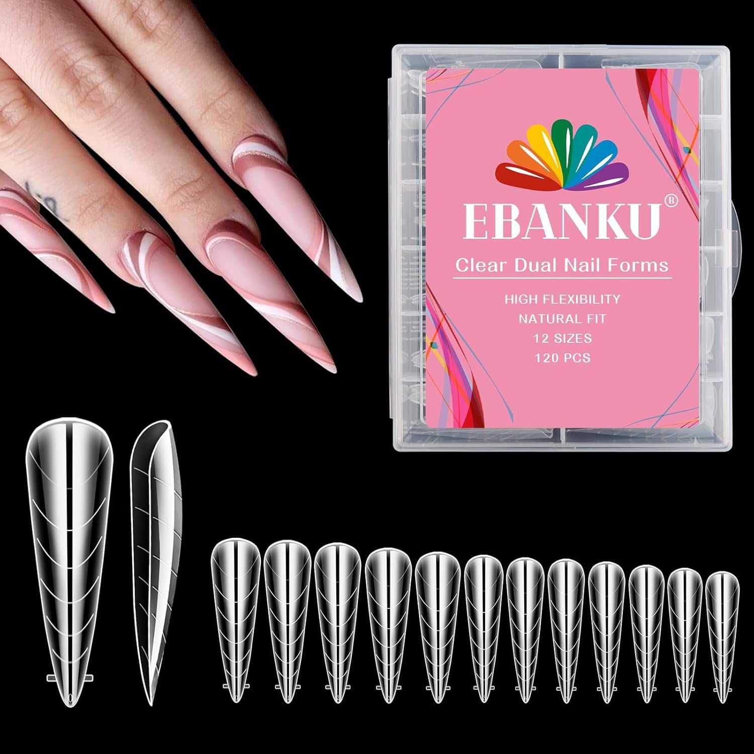EBANKU 120Pcs Poly Gel Nail Forms, Long Stiletto Clear Dual Forms for Poly Extension Gel Structure Nail Tips Molds for Nail Art Design Salon&DIY-Velvo Beauty