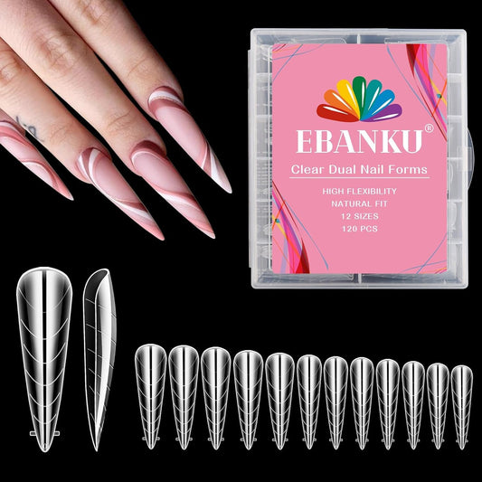 EBANKU 120Pcs Poly Gel Nail Forms, Long Stiletto Clear Dual Forms for Poly Extension Gel Structure Nail Tips Molds for Nail Art Design Salon&DIY-Velvo Beauty