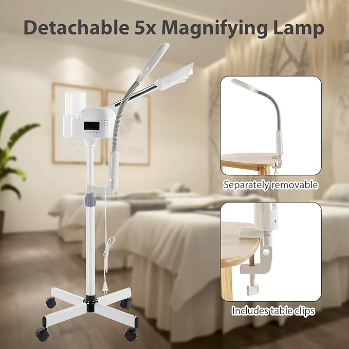 Professional Facial Steamer 2 in1 Steamer for Face 5X LED Magnifying Lamp Facial Steamer for Esthetician Beauty Face Equipment Use at Home or Salon（White）-Velvo Beauty