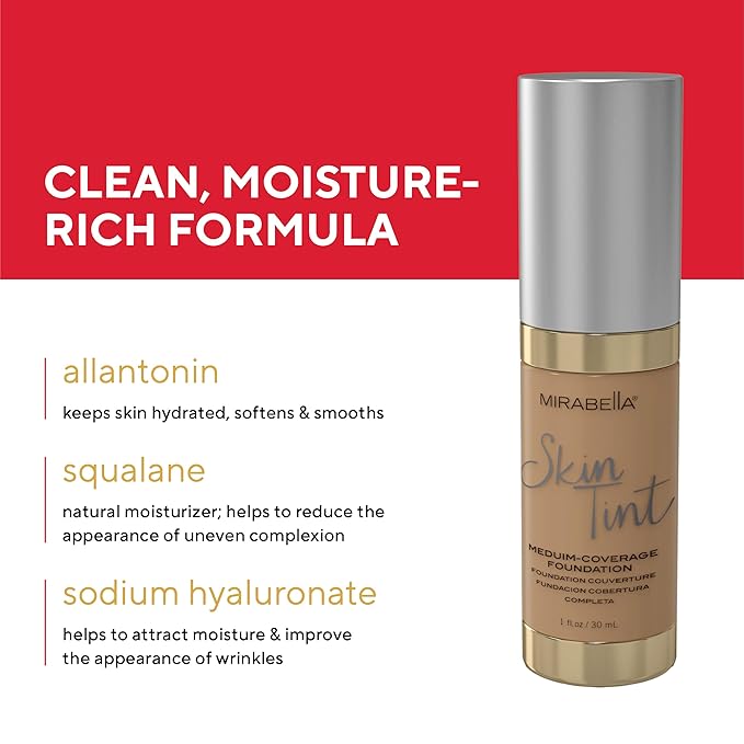 Mirabella Skin Tint Creme Liquid Foundation Makeup, Oil-Free Mineral Foundation for Medium Coverage - w/Hyaluronic Acid, Squalane, & Allantoin for All Skin Types - IIN Neutral-Velvo Beauty