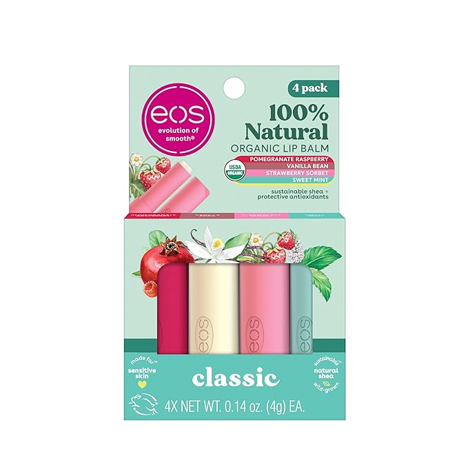 eos 100% Natural & Organic Lip Balm Sticks- Strawberry Sorbet, Vanilla Bean, Sweet Mint & Pomegranate Raspberry, Lip Care Products, 0.14 oz, 4-Pack-Velvo Beauty
