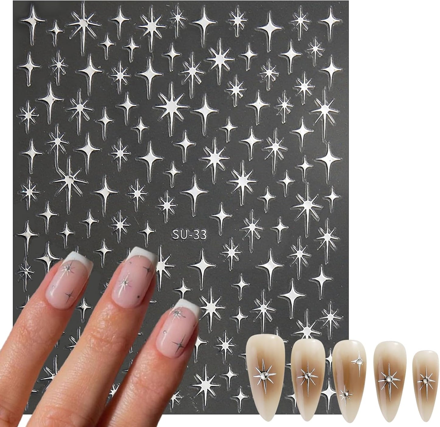 8 Sheet Bronzing Star Nail Stickers 3D Shiny Star Nail Decals Starlight Designs Sticker Nail Gold and Silver Purple Manicure Accessories for Women Nail Decorations-Velvo Beauty