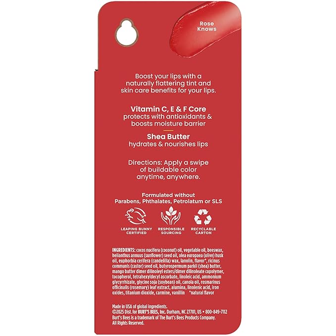 Burt’s Bees Back To School Dorm Essentials, Tinted Boosted Balm, Rose Knows, Hydrating Tinted Lip Balm with Vitamin C, E, and F Core, 24 Hour Lip Moisturizer, 100% Natural Origin, 1 Count, 0.16oz-Velvo Beauty